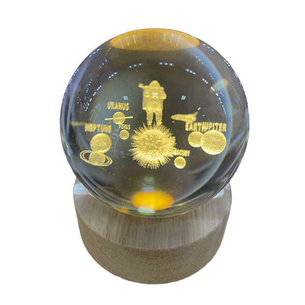 Esfera Cristal 3D Sistema Solar con Base de Madera USB – Luz LED