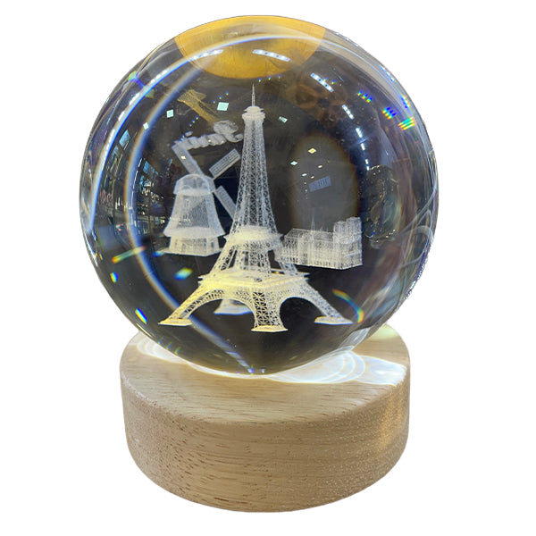 Esfera de Cristal 3D Torre Eiffel con Base de Madera USB - Luz LED