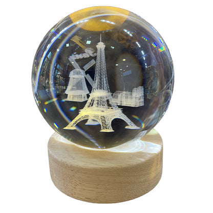 Esfera de Cristal 3D Torre Eiffel con Base de Madera USB - Luz LED