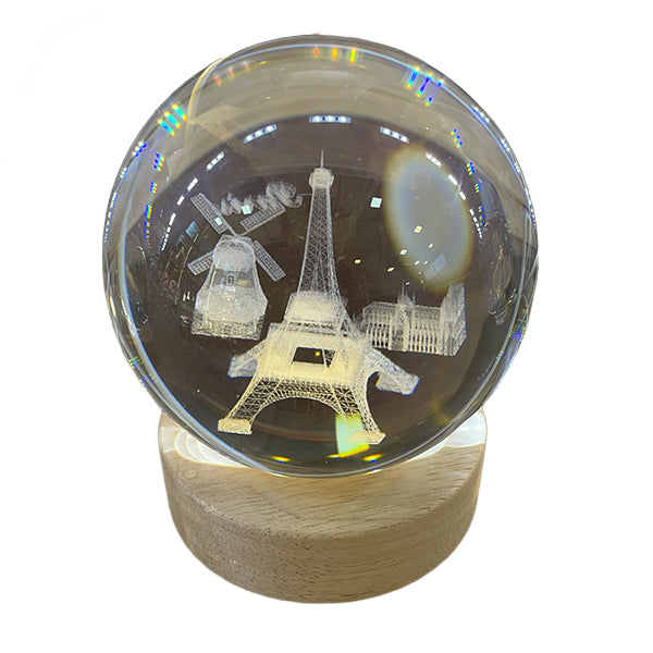 Esfera de Cristal 3D Torre Eiffel con Base de Madera USB - Luz LED