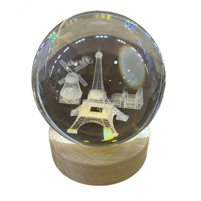 Esfera de Cristal 3D Torre Eiffel con Base de Madera USB - Luz LED