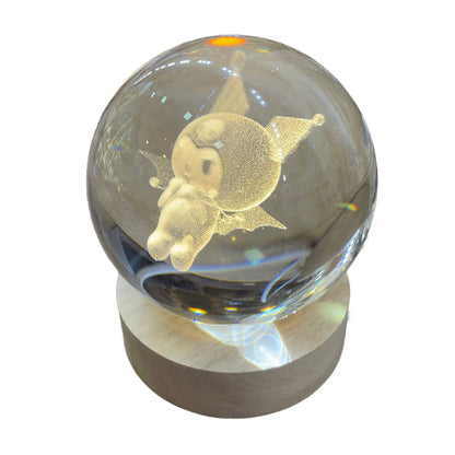 Esfera de Cristal 3D Kuromi con Base de Madera USB - Luz LED