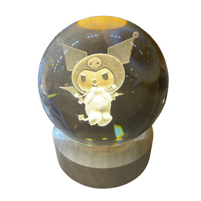 Esfera de Cristal 3D Kuromi con Base de Madera USB - Luz LED