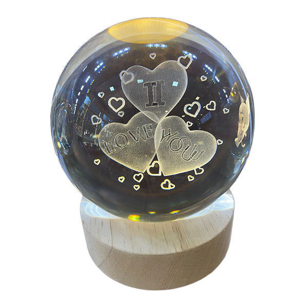 Esfera de Cristal 3D Love Corazon con Base de Madera USB - Luz LED