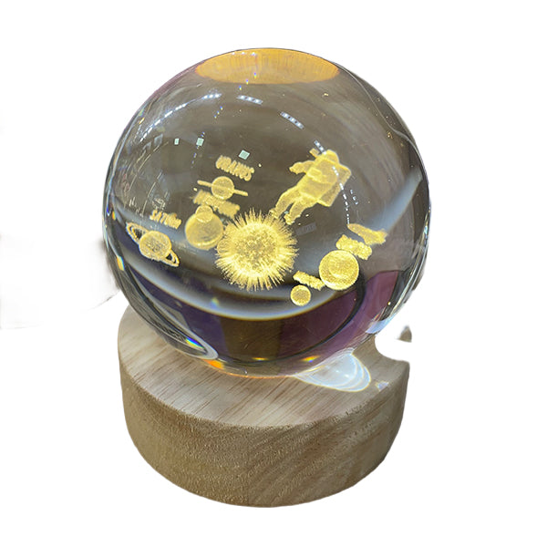 Esfera Cristal 3D Sistema Solar con Base de Madera USB – Luz LED