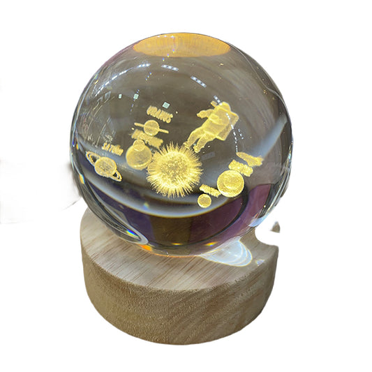 Esfera Cristal 3D Sistema Solar con Base de Madera USB – Luz LED