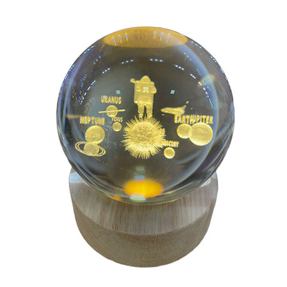 Esfera Cristal 3D Sistema Solar con Base de Madera USB – Luz LED